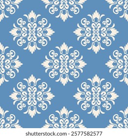 Damask vintage oriental vector classic blue and white pattern. Seamless abstract background. Design for curtains, carpet, tiles, ceramic pottery, and clothing.