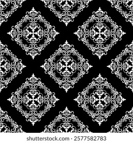 Damask vintage oriental vector classic black and white pattern. Seamless abstract background. Design for curtains, carpet, tiles, ceramic pottery, and clothing.