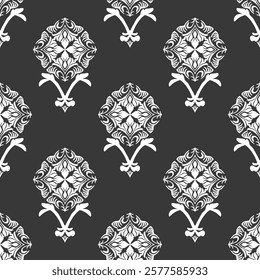 Damask vintage oriental vector classic black and white pattern. Seamless abstract background. Design for curtains, carpet, tiles, ceramic pottery, and clothing.