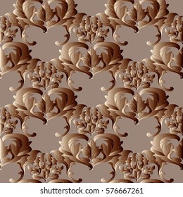 Damask vintage seamless pattern background wallpaper illustration with 3d gold antique medieval baroque scroll leaves flowers and ornaments. Floral vector texture for fabric, textile, curtain