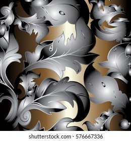 Damask vintage seamless pattern background wallpaper illustration with 3d black antique  baroque scroll leaves  and ornaments. Floral vector texture with shadows and highlights  for fabric, textile.