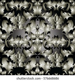 Damask vintage seamless pattern background wallpaper illustration with 3d black antique  baroque scroll leaves  and ornaments. Floral vector texture with shadows and highlights  for fabric, textile.