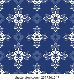 Damask vintage seamless pattern with decorative flowers in blue and white colors. Design for carpet, curtains, tiles, wallpaper, ceramic pottery, and clothing.