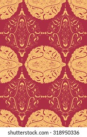 Damask vintage seamless pattern for design of packaging, paper, textiles, scrapbooking and decoupage. Baroque pattern. Gold and red seamless pattern. Vector illustration