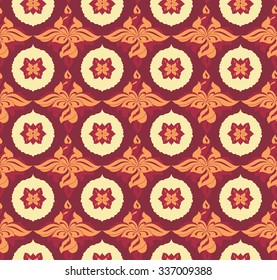 Damask vintage seamless pattern for design of packaging, paper, textiles, scrapbook  and decoupage. Baroque pattern. Gold and red seamless pattern. Vector illustration