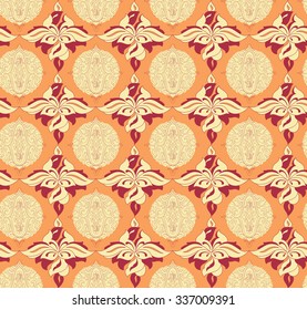 Damask vintage seamless pattern for design of packaging, paper, textiles, scrapbook  and decoupage. Baroque pattern. Gold and red seamless pattern. Vector illustration