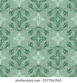 Damask vintage seamless pattern in the style of baroque. Traditional classic green ornament. Design for curtains, carpet, tiles, ceramic pottery, and clothing.