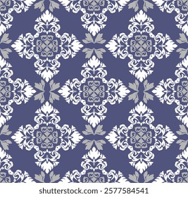 Damask vintage seamless pattern in the style of baroque. Traditional classic white, grey, and blue ornament. Design for curtains, carpet, tiles, ceramic pottery, and clothing.