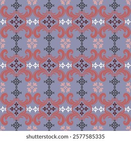 Damask vintage seamless pattern in the style of baroque. Traditional classic white, red, and purple ornament. Design for curtains, carpet, tiles, ceramic pottery, and clothing.