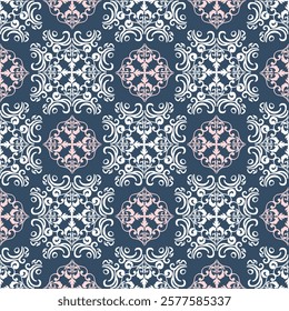Damask vintage seamless pattern in the style of baroque. Traditional classic white and blue ornament. Design for curtains, carpet, tiles, ceramic pottery, and clothing.