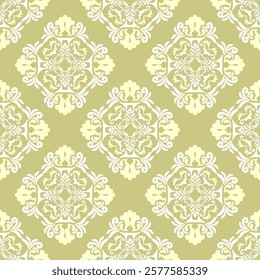 Damask vintage seamless pattern in the style of baroque. Traditional classic white and yellow ornament. Design for curtains, carpet, tiles, ceramic pottery, and clothing.