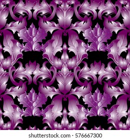 Damask vintage seamless pattern wallpaper illustration with 3d violet  antique  baroque scroll leaves  and ornaments. Luxury vector texture with shadows and highlights .Black floral  background.