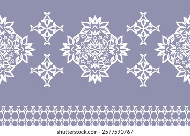 Damask vintage seamless pattern with white snowflakes on a purple background. Design for elaborate borders, tiles, ceramic pottery, and clothing. 