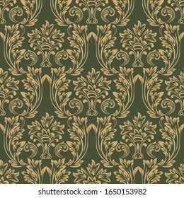 Damask Wallpaper. Seamless pattern, vintage ornament green background in vector. Elegant fabric.