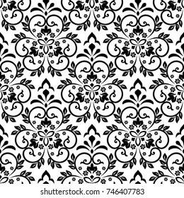 Damask wallpaper. A seamless vector background. Black and white texture. Floral ornament.