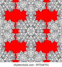 Damask white abstract flower seamless pattern on red background. Ornate decoration. Vector illustration.