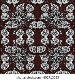 Damask white abstract flower seamless pattern on brown background. Ornate decoration. Vector illustration.