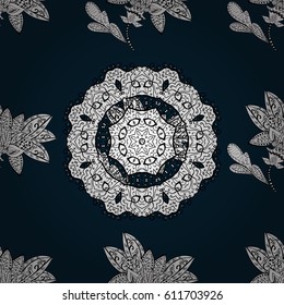 Damask white abstract flower seamless pattern on blue background. Ornate decoration. Vector illustration.