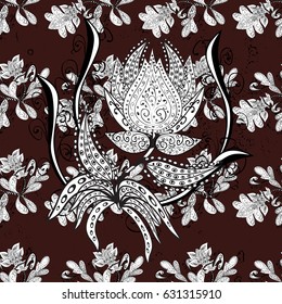 Damask white abstract flower seamless pattern on brown background. Ornate decoration. Vector illustration.