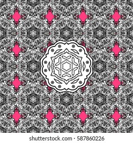 Damask white floral pattern on a pink background with white doodles. Ornate decoration. Vector illustration.