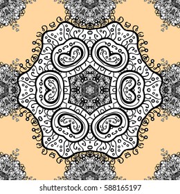 Damask white floral pattern on a beige background with white doodles. Ornate decoration. Vector illustration.