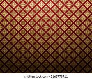 Damask-style Thai art pattern. Luxurious gold square shape with red background. Vector illustration.