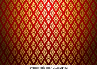 Damask-style Thai art pattern. Luxurious gold diamond shape with red background. Vector illustration.