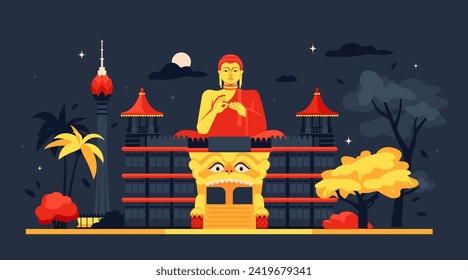 Dambulla Cave Temple - modern colored vector illustration with sights of Sri Lanka. Colombo Lotus Tower and night city sights in south asia with big buddha statue. Moon, palm trees and starry sky