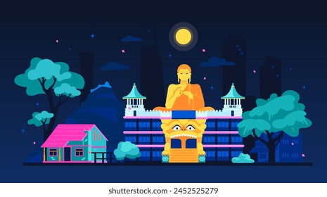 Dambulla Cave Temple - modern colored vector illustration with sights of Sri Lanka. Night city sights in south asia with big buddha statue and ancient temple fortress. Moon, palm trees and starry sky