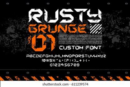 Damged rusty metal spacesip industrial techno font & texture, circuits style design