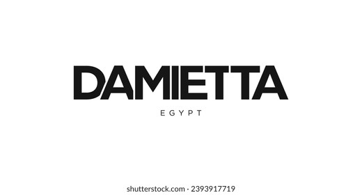 Damietta en el emblema de Egipto para prensa y web. El diseño presenta estilo geométrico, ilustración vectorial con tipografía audaz en fuente moderna. Letras gráficas de eslóganes aisladas en fondo blanco.