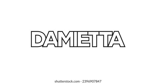 Damietta en el emblema de Egipto para prensa y web. El diseño presenta estilo geométrico, ilustración vectorial con tipografía audaz en fuente moderna. Letras gráficas de eslóganes aisladas en fondo blanco.