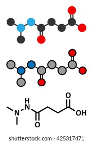 Daminozide (Alar) plant growth regulator molecule. Has been banned because of carcinogenicity concerns. Stylized 2D renderings and conventional skeletal formula.