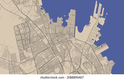 Dammam vector map. Detailed map of Dammam city administrative area. Cityscape panorama. Royalty free vector illustration. Outline map with highways, streets, rivers. Tourist decorative street map.