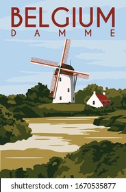 Damme Belgium Vector Illustration Background. Travel to Damme West Flanders Belgium Europe. Flat Cartoon Vector Illustration in Colored Style.