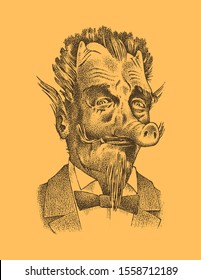 Damn or demon with horns and pork nose in vintage style. Mystical imaginary character in retro old style. Engraved Fantasy creature. Hand drawn vector sketch.