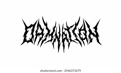 Damnation, typographic logo vector in a sharp, spiked, and symmetrical style with a dark, intense vibe. Ideal for metal and alternative designs