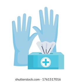 damp cloths pack with rubber gloves vector illustration design