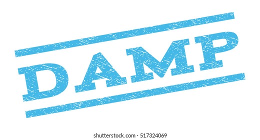 Damp watermark stamp. Text caption between parallel lines with grunge design style. Rubber seal stamp with scratched texture. Vector light blue color ink imprint on a white background.