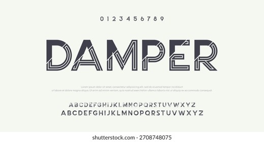 Damper Creative Outline Alfabeto monograma de doble línea y Fuentes tecnológicas. Las líneas de la fuente son regulares en mayúsculas y minúsculas. Ilustración vectorial.