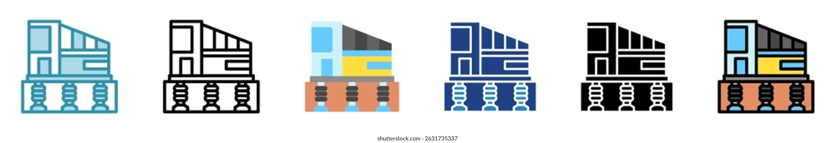 Amortecedor multi estilo, mini ilustração ícone conjunto. contorno, plano, glifo, cor da linha. vetor para IU, UX, aplicativo, web, digital ou impressão, relacionado à indústria, construção, engenharia civil.