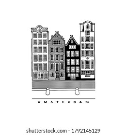 Damrak Avenue, Amsterdam, Netherlands. Central streets, houses, and canals of European city. Hand-drawn collection of urban sketches. Vector illustration.