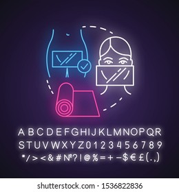 Dams neon light concept icon. Safe sex. Female healthcare. Uterus disease prevention. Healthy intimate relationship idea. Glowing sign with alphabet, numbers and symbols. Vector isolated illustration