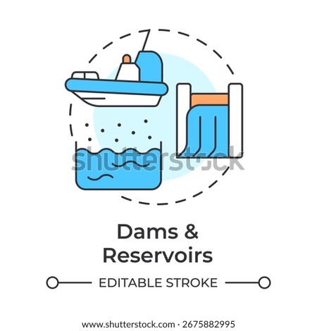 Dams and reservoirs multi color concept icon. Artificial lakes of freshwater. Strategy for increasing water supply. Round shape line illustration. Abstract idea. Graphic design. Easy to use in booklet