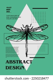 Damselfly, darning-needle, dragonfly, flying adder. Set of vector posters with insects. Engraving illustrations and typography. Background images for cover, banner