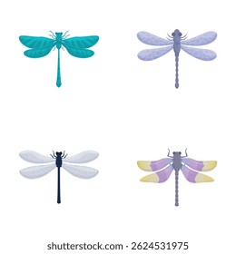 Ícones Damselfly definir o vetor de desenhos animados. Linda libélula colorida. Natureza, inseto
