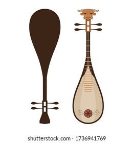 Dan Ty Ba ethnic string instrument. Cartoon Chinese guitar. Vietnamese lute wooden musical Instrument with decorative elements and ornaments.