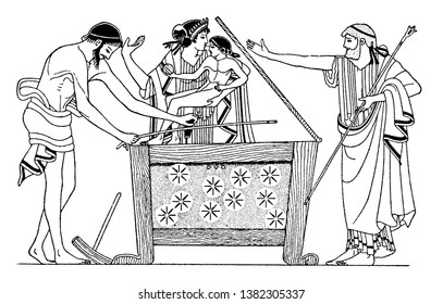Danae is seen along with Perseus. They are locked in the wooden chest by Danaes father, king Acrisius of Argos and Queen Eurydice, in Greek mythology, vintage line drawing or engraving illustration.