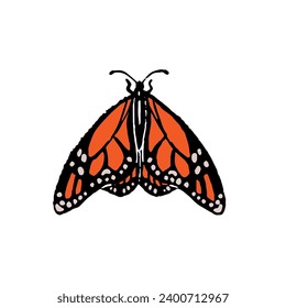 Danaus Plexippus, ordeñuelas o mariposa monarca. Bicho volador rojo con alas estampadas. insecto de Lepidoptera. Naturaleza exótica, fauna. Ilustración vectorial plano a mano dibujada en fondo blanco