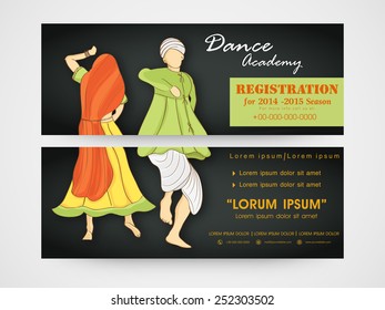 Cabecera de la academia de danza con ilustración de mujeres bailarinas y hombres con ropa tradicional.